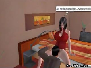 Busty 3D brunette sucks peter and gets eaten out